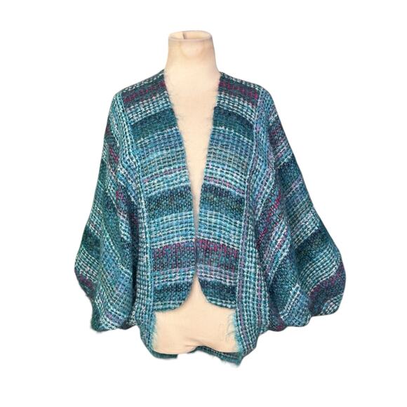 NESSA WARNER teal Handwoven Wool Open front Shrug Sweater Jacket One Size - Picture 13 of 16